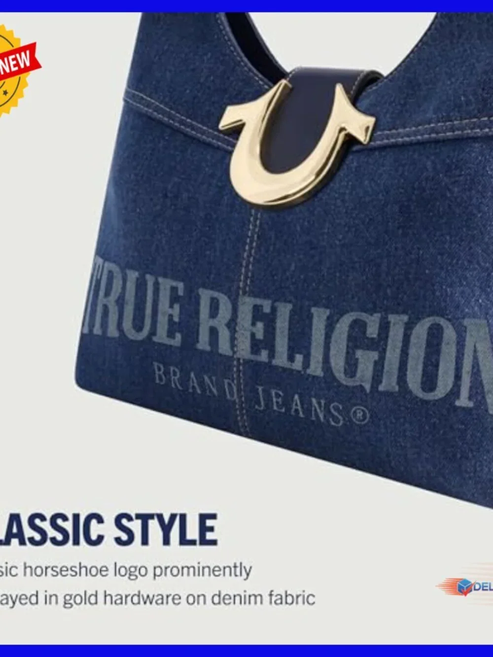 Medium Hobo Shoulder Bag, Frayed Denim with Horseshoe Logo, Lightweight Cotton